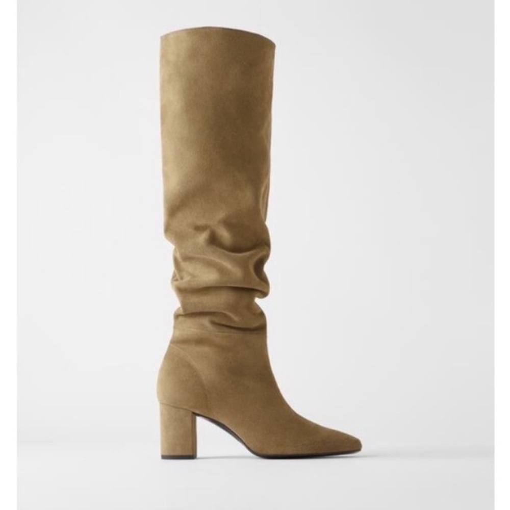 Brand New ZARA Suede Slouchy Heeled Boots in Tan SIZE 6.5 - Picture 7 of 16